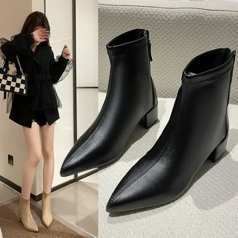 

2023 New Women's Low Heel Sewing Ankle Boots Elegant Comfort PU Solid Pointed Zipper Western Boots Party Dress Women Boots