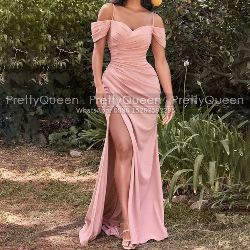 

Sexy High Split Long Bridesmaid Dresses Mermaid Spaghetti Straps Off Shoulder Trumpet Rose Gold Wedding Party Dress