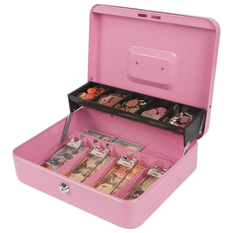 Cash Register Box with Cash Tray 4 Bill/5 Coin Slots Lock Safe Box with Key Savings Organizer Piggy Bank Cashier Case for Store 4