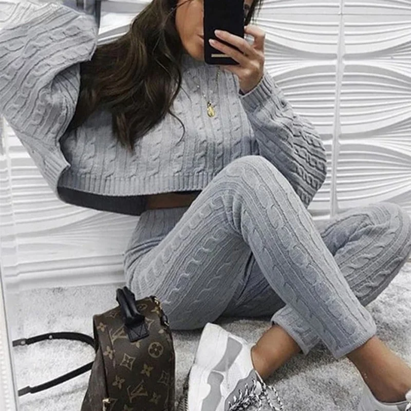 Ladies Fashion Winter and Autumn 2-piece Suit Long-sleeved Loose Round Neck Cross-knit Sweater and High-waist Pencil Pants Suit