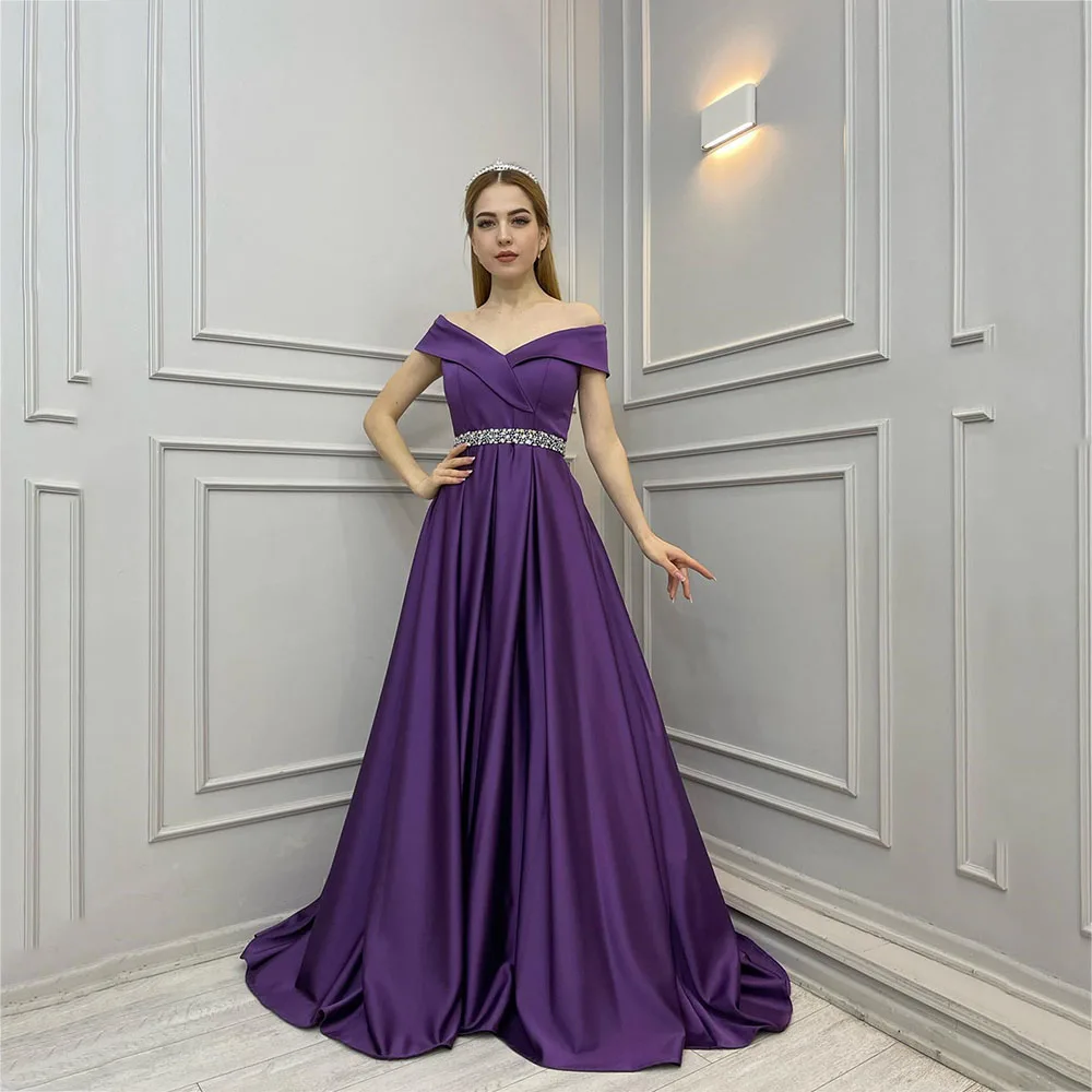 

A-Line Stain Sleeveless Prom Gown Floor-Length Party Dress Off The Shoulder Sequined Draped Evening Dresses فساتين الحفلات