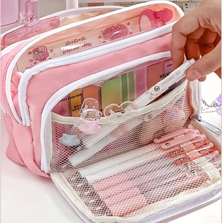 Kawaii 연필 케이스 3 레이어 귀여운 펜 가방 대용량 한국어 주최자 주머니 학생 다시 학교 용품 편지지