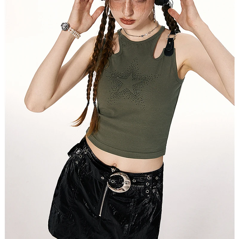 Short Vest Women's Inner Wear Summer New Green Cotton Sleeveless Slim-Fit Sexy Retro Diamond Printed Trendy Thin Bottoming Top