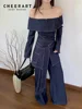 CHEERART 2 Piece Sets Women Outfit Denim Off The Shoulder Long Sleeve Top And Wide Leg Long Pants Fall Clothes 2024 Women 1
