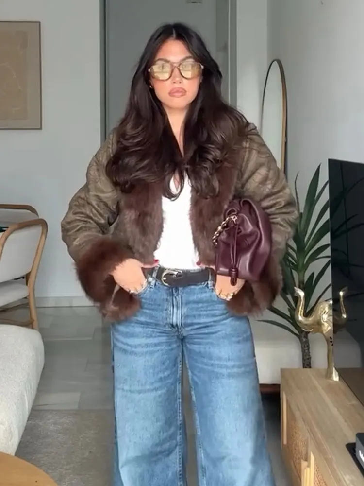 HH Women Elegant Fashion Embroidery Cardigan Coats Long Sleeve Faux Fur Collar Jacket Autumn Winter Warm High Street Outerwear