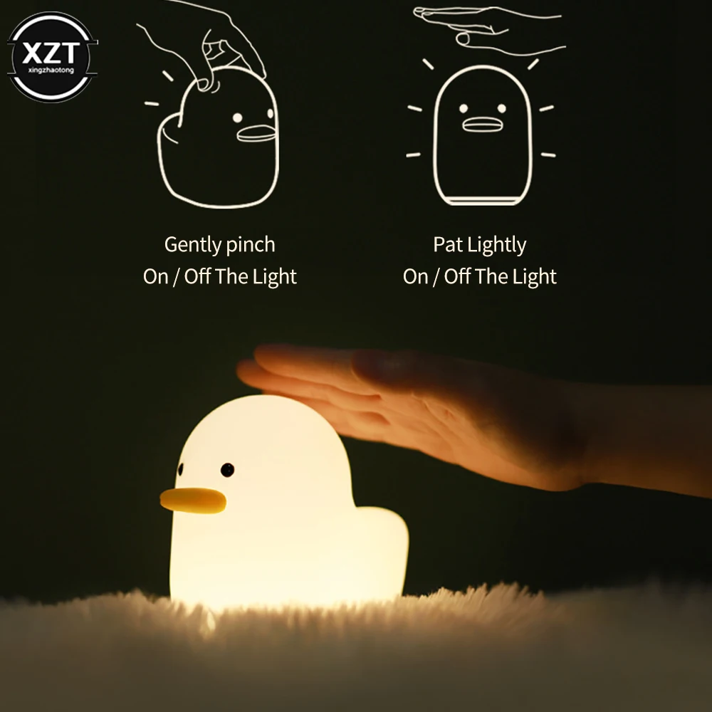 

LED Silicone Night Lamp for Kids Cartoon Cute Duck USB Rechargeable Beat Touch Sensor Timing Bedroom Bedside Decor Lamp Kid Gift