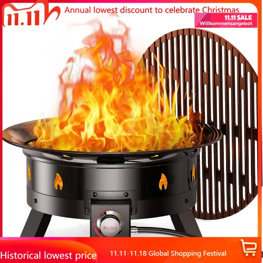 Propane Fire Pit with Folding Legs, Grill Grate, Hose Hooks, Propane Tank Holder, Cover & Carry Strap, Portable Gas Fire P