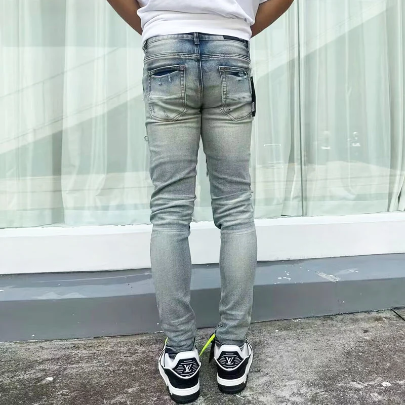 Fashion Streetwear Men Jeans Retro Blue Stretch Skinny Fit Ripped Jeans Men Hole Leather Patched Designer Hip Hop Brand Pants