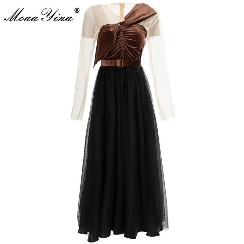 

MoaaYina, модное подиумное платье, весеннее женское платье с круглым вырезом и бантом, бархатное лоскутное Сетчатое платье с длинным рукавом, черные женские вечерние платья