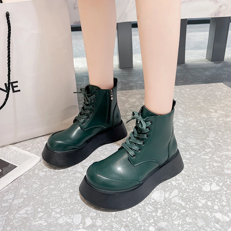 

New Women Platform Leather Boots Med Heel Height Increasing Short Boot Autumn Fashion Pumps Shoes SizeZip Closure