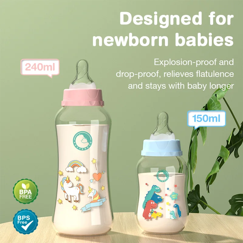 Milk Bottle 150/240ML Baby PP Wide Mouth Newborn with Handle Pattern Cup BPA Free