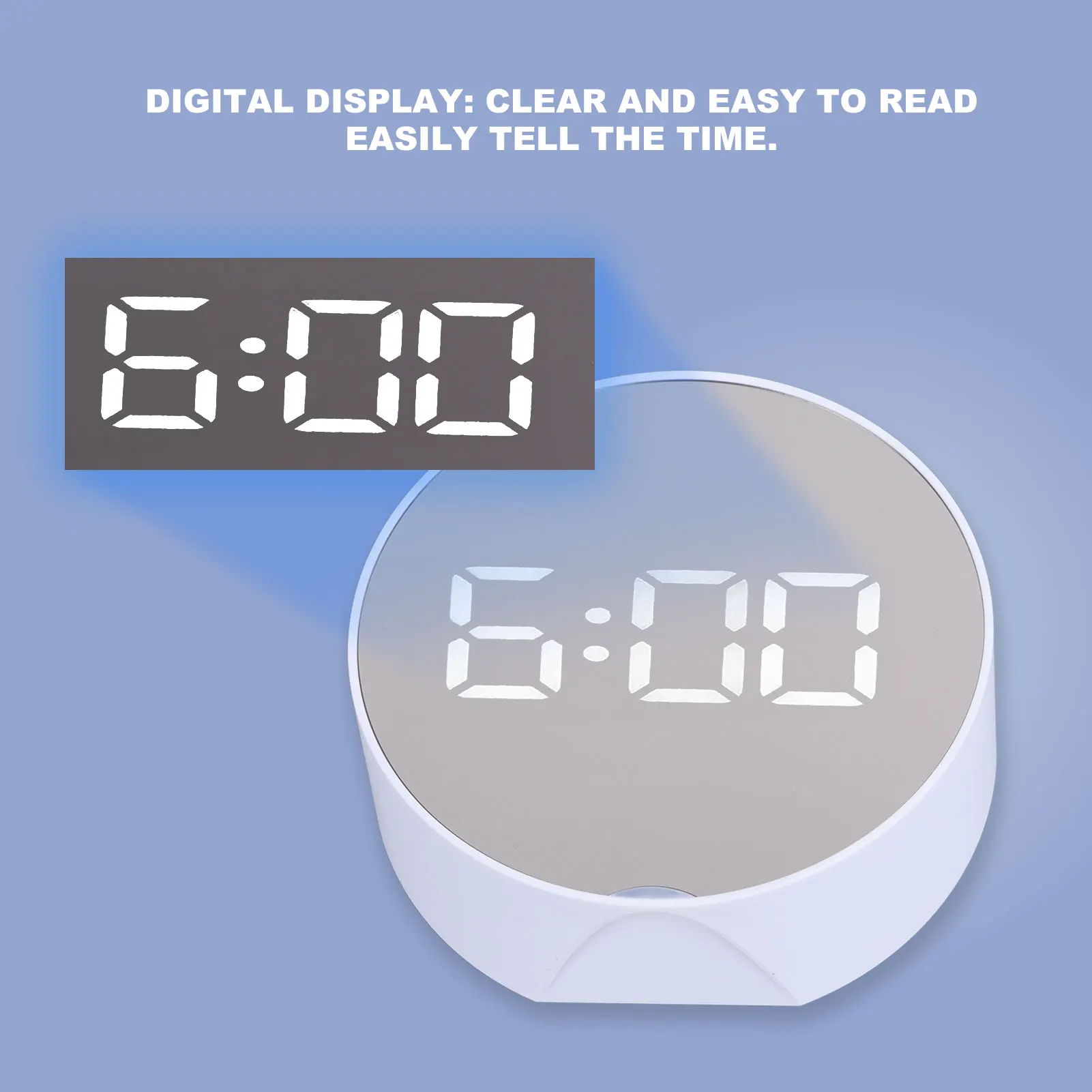 Digital Mirror Clock Alarm White Big Round Screen Easy to Read Portable LED Clock for Office Bedroom Travel Digital Mirror