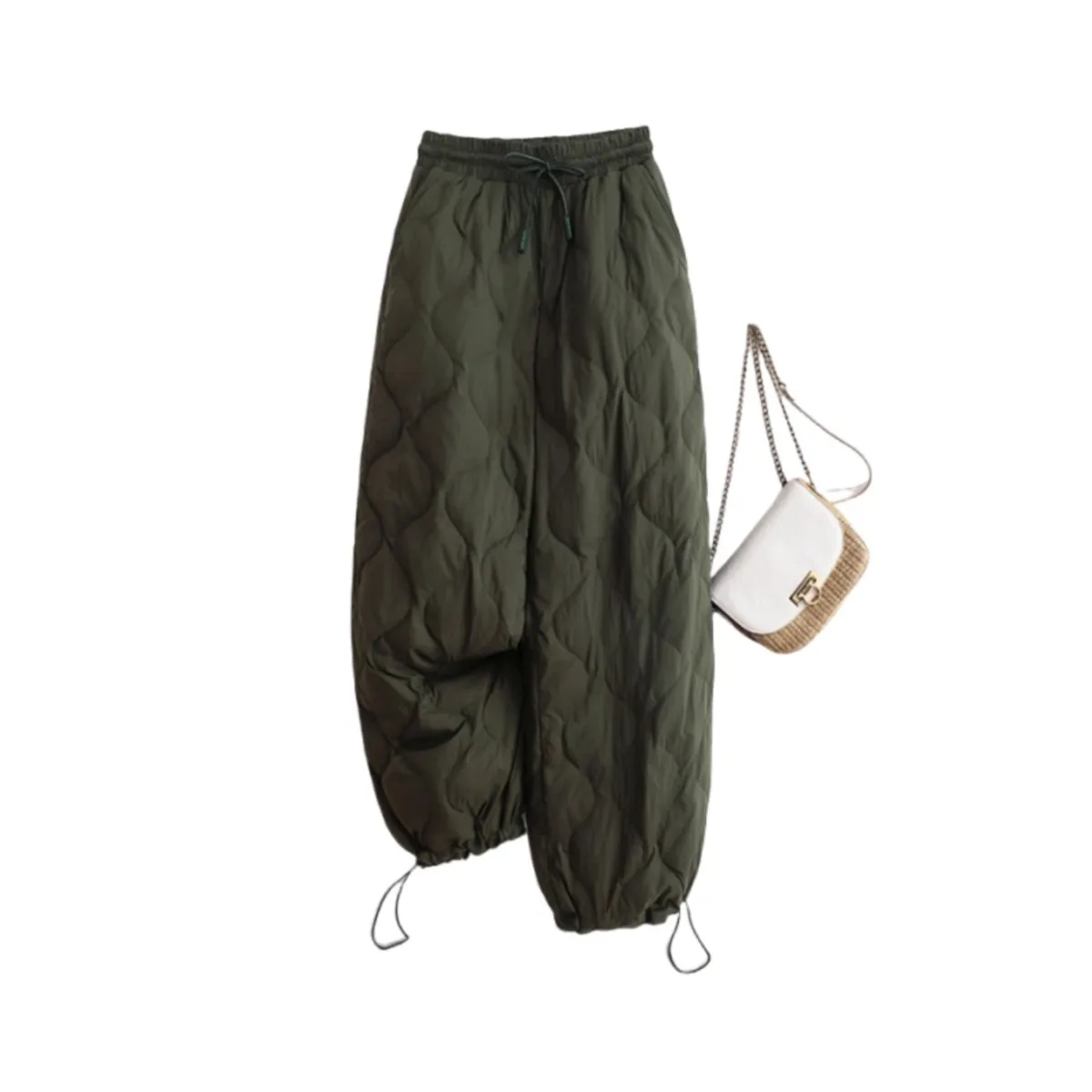 Women's Loose Fit Warmthly Cotton Trousers with Belt And Elastic Waist Rhombus Stitching Windproof Autumn Winter New Sle