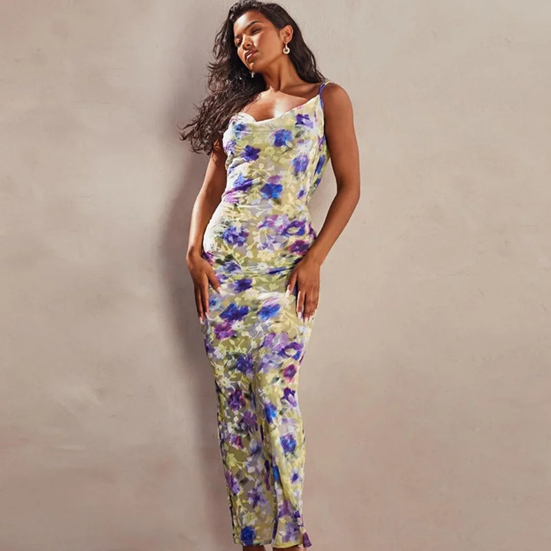 

Zoctoo Floral Printed Strap Dresses Sleeveless Sexy Sweet Long Skirt Backless Mid Waist Slim Fit Pullover Holiday Leisure Dress