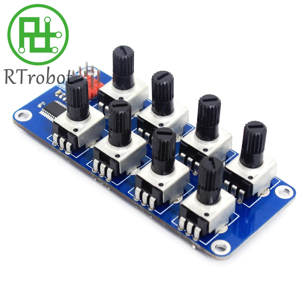 Vue de côté du module potentiomètre réglable 8 bits I2C pour contrôle de servo RC, montrant son connecteur I2C et sa taille compacte.