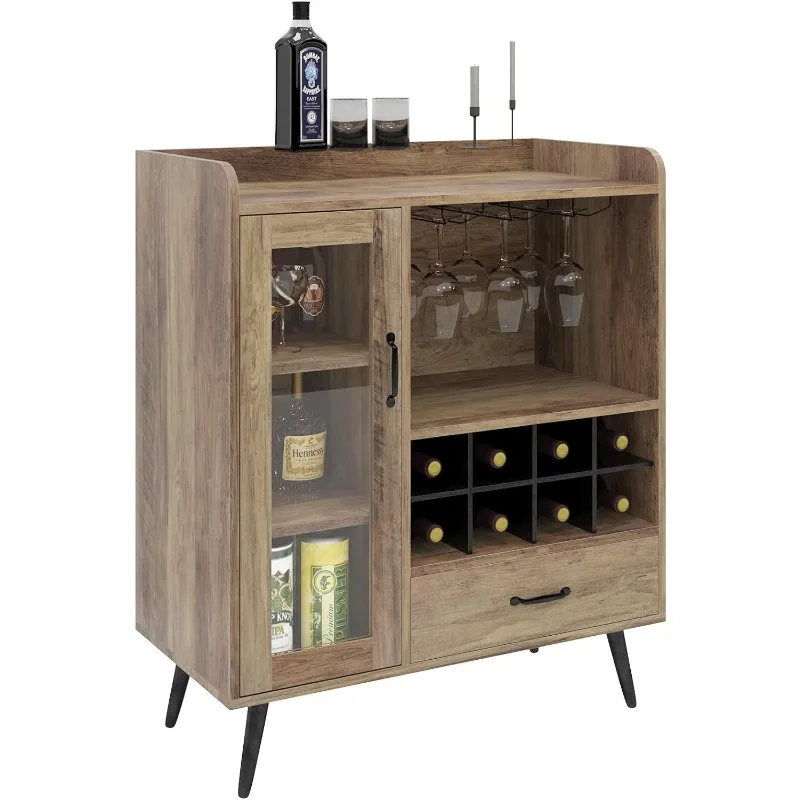 

Wine Cabinet with 1-Glass Door&Drawer, 3-Tier Storage 8- Cubes, Home Sideboard Bottle Holder