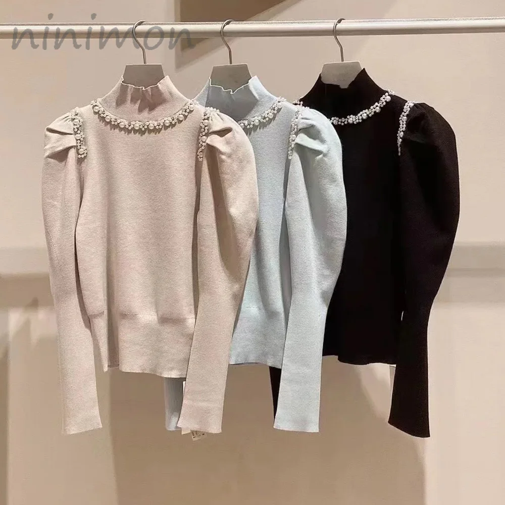 

NINIMON Women Pearl Knitted Jumper Autumn Winter Chic Sweaters Puffy Sleeves Sweet Knit Long Sleeve Top Solid Vintage Pullover