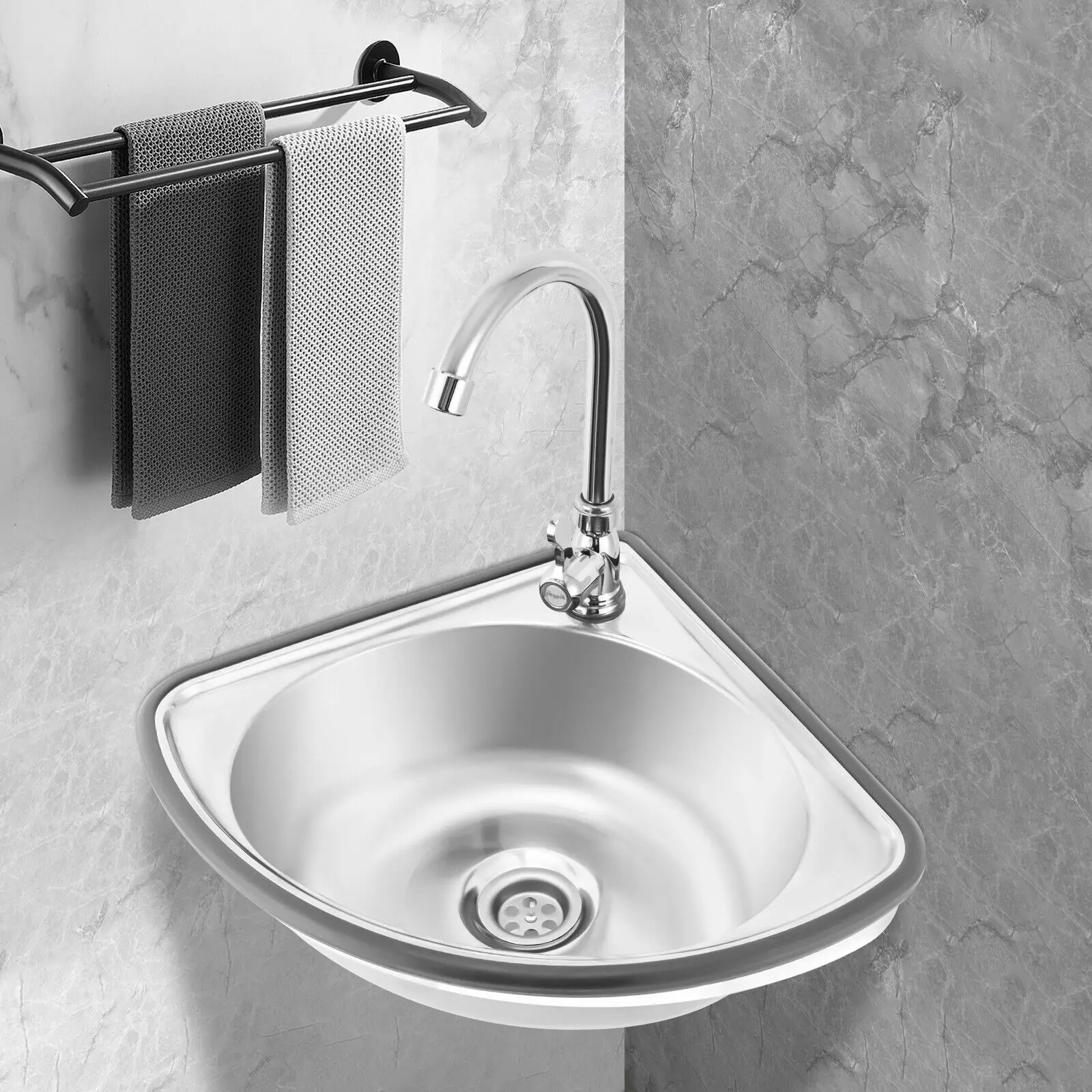Stainless Steel Single Triangle Corner Sink with Faucet, Mini Bar Sink 2