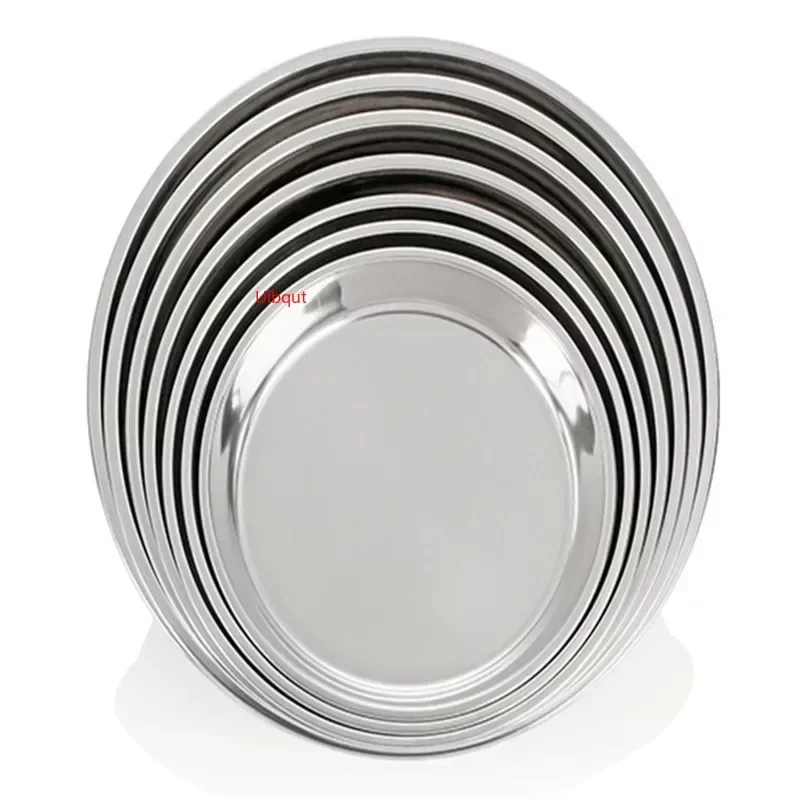 Dining Dish Large Stainless Steel thick Flat Round Dish tray Charger Plates Silver Serving Tray Cake Metal deep Plate dinner dish plate sets