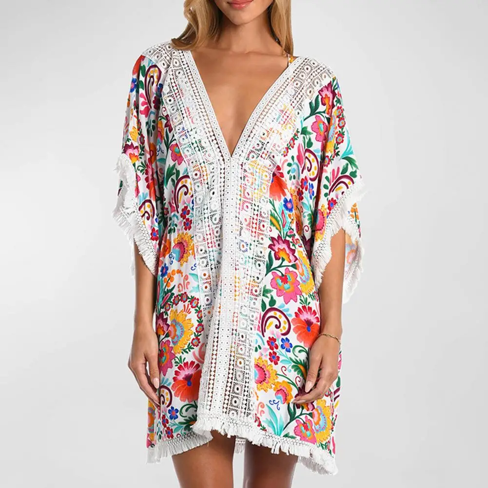 

Elastic Waist Cover-up Beach Dress Cover-up Colorful Flower Print Lace Bat Sleeves Tassel Sun Protection Anti-uv for Women