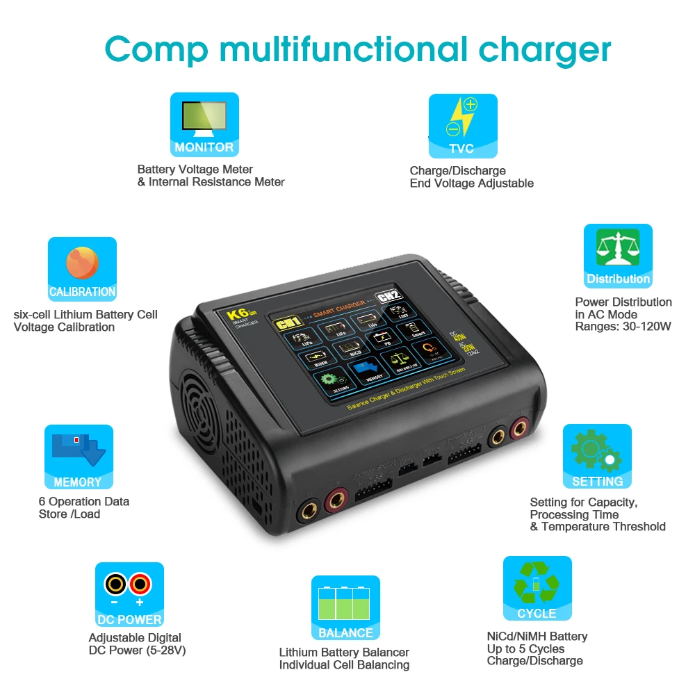 HTRC K6+ 리포 배터리 충전기 DC 400W AC 200W 12Ax2 RC 충전기 밸런스 방전기 (LiHV, LiFe, 리튬이온, 니켈카드뮴, 니켈수소, 납, 리포 배터리용)