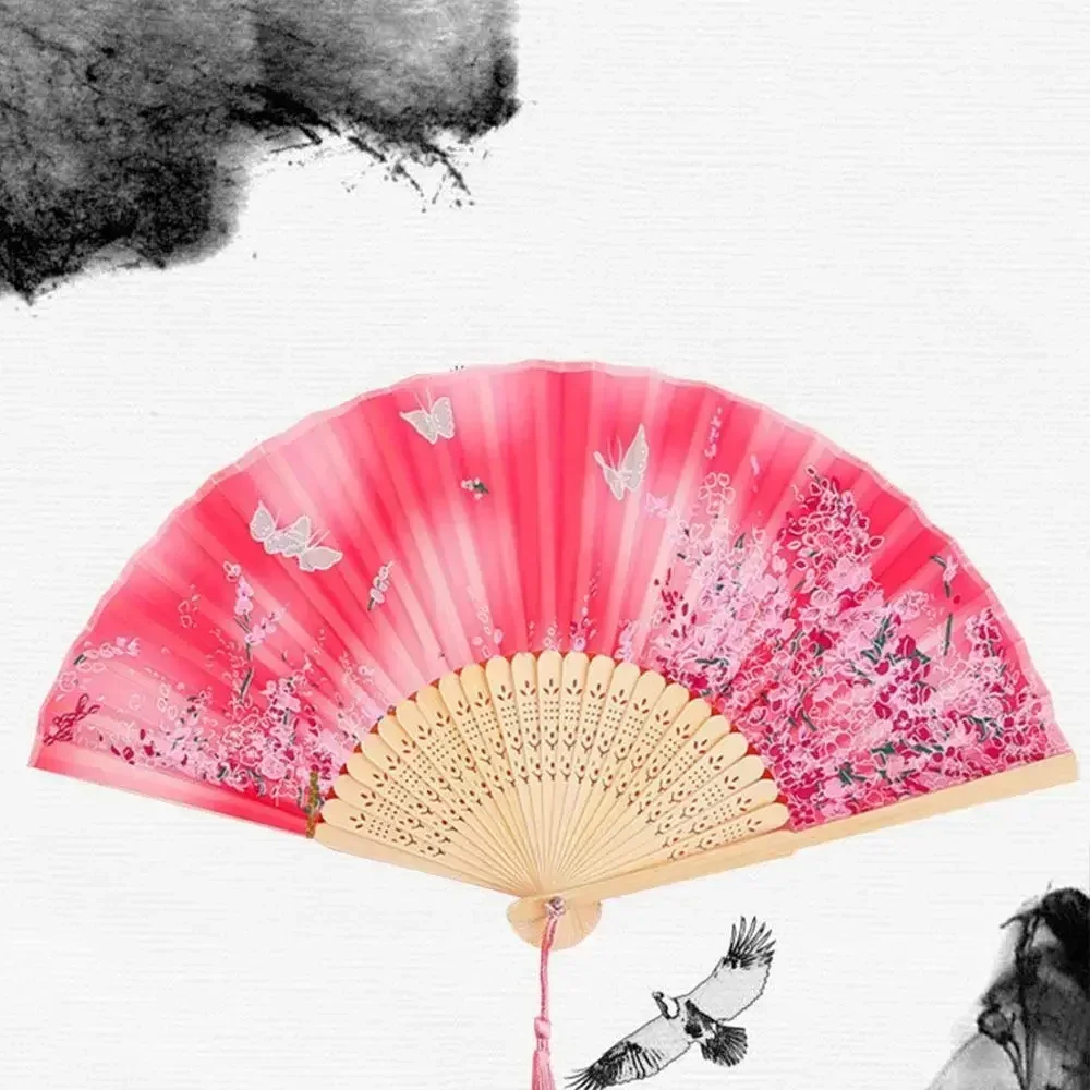 Elegant Silk Vintage Folding Fan with Colorful Tassel - Bamboo Hand Fan for Classical Dance and Home Decor