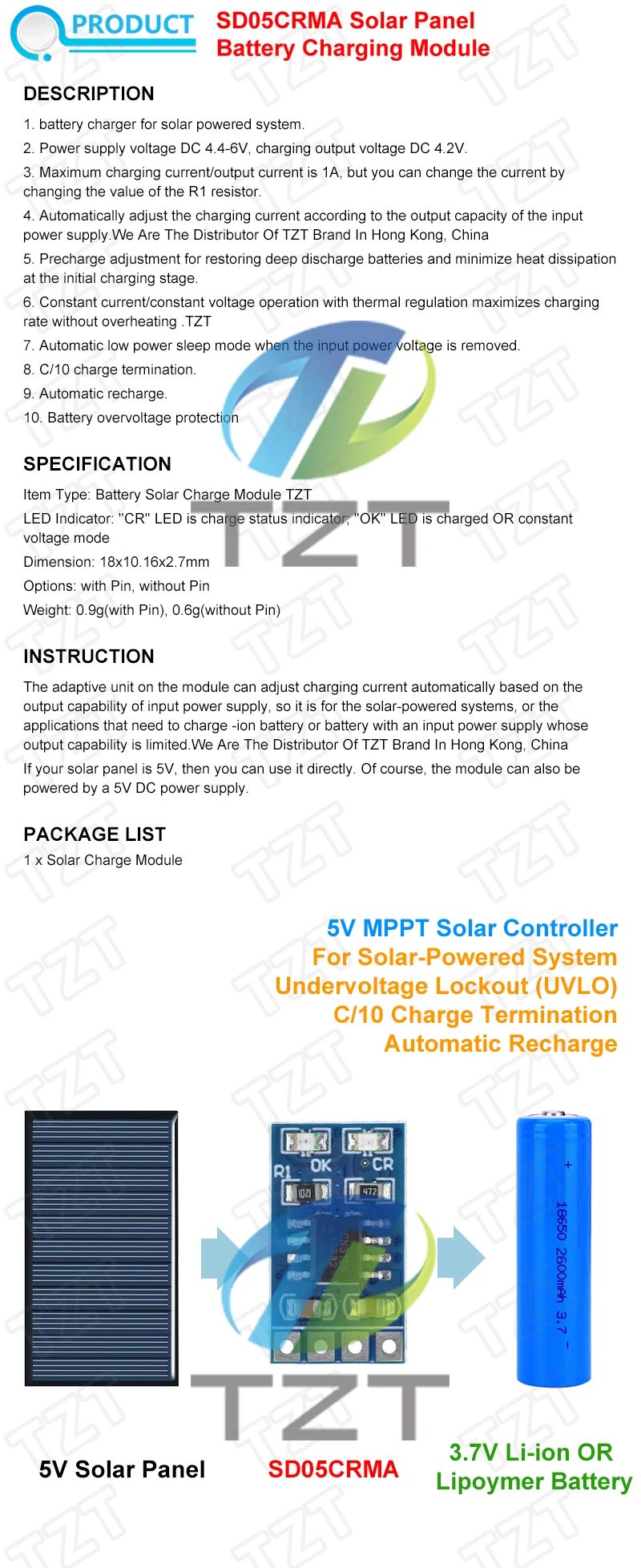 MPPT Solarladeregler 1 A 4,2 V 3,7 V 18650 LiPo Li-Ion Lithium Batterie Ladegerät Modul SD05CRMA Solarpanel Batterieladung – Detail 1