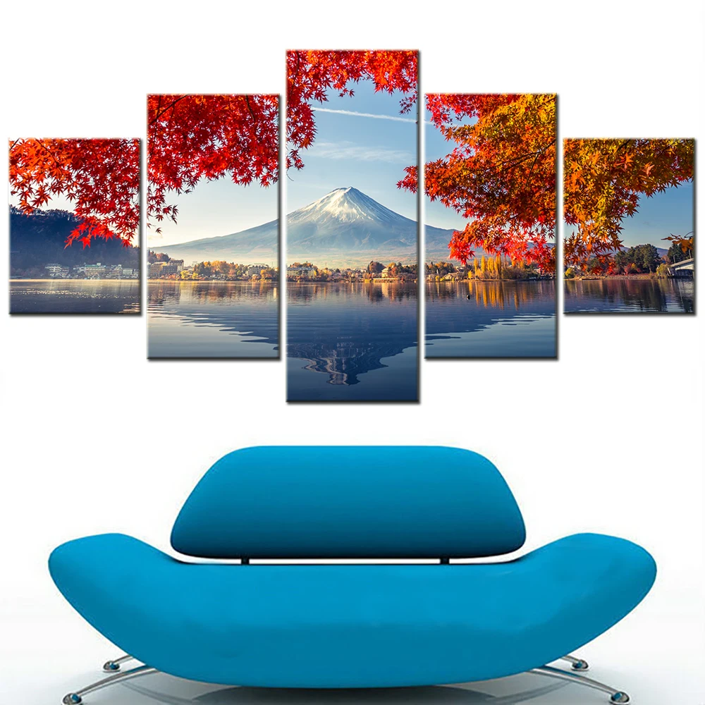 5Pcs Autumn Mountain Fuji Lake Kawaguchiko Painting Wall Art Canvas Poster Print
