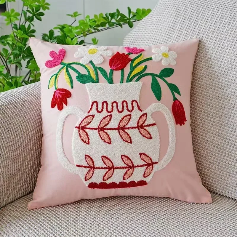 Rustic Floral Embroidered Canvas Cushion Cover
