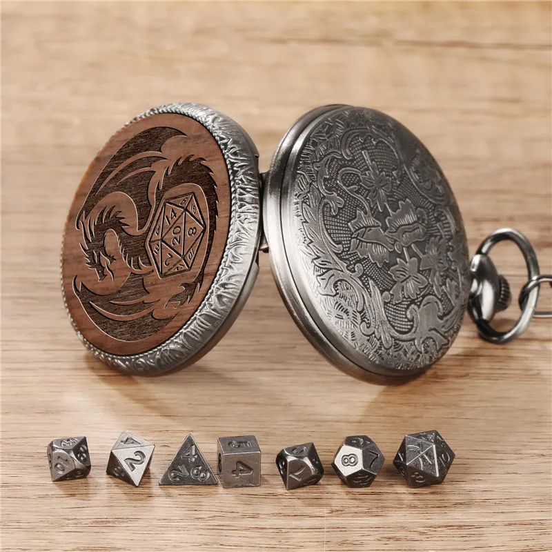 Retro Steampunk Engraved Dragon Case with 7pcs/set Metal Polyhedral Dices Pocket Watch Chain Entertainment Role Paly Game Dice