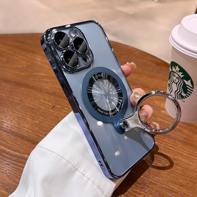 thumbnail image 1 of Luxury Ring Holder Bracket Magsafe Case for iPhone 15 13 14 12 Pro Max iPhone 11 Transparent Hard Acrylic PC Cover for iPhone 15, 1 of 5