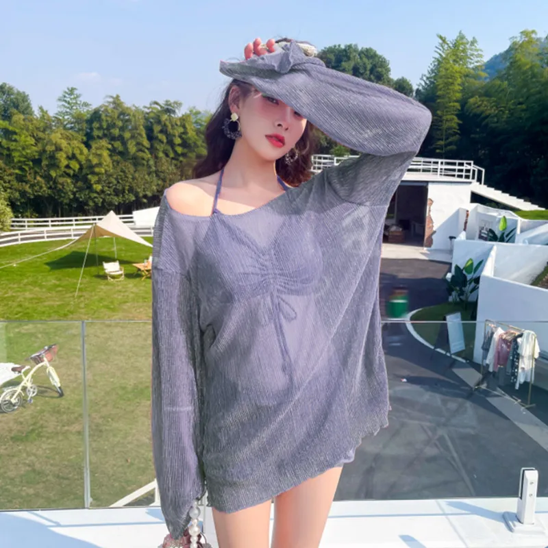 2023 Women Fantasie High Waist 3 Piece Cover Up Swimwear Swimsuit Korean Style Vacation Swim Beach Wear Cardigan Bathing Suit