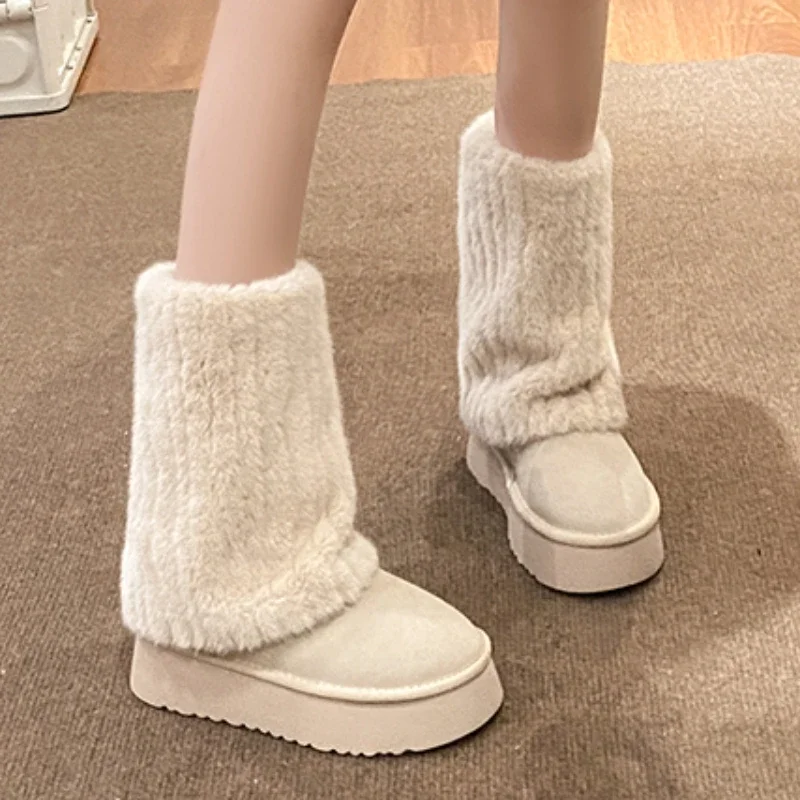 

2023 Fashion Shoes Female Sleeve Women's Boots Winter Round Toe Plush Fleece for Warmth Middle Tube Platform Snow Boots Zapatos