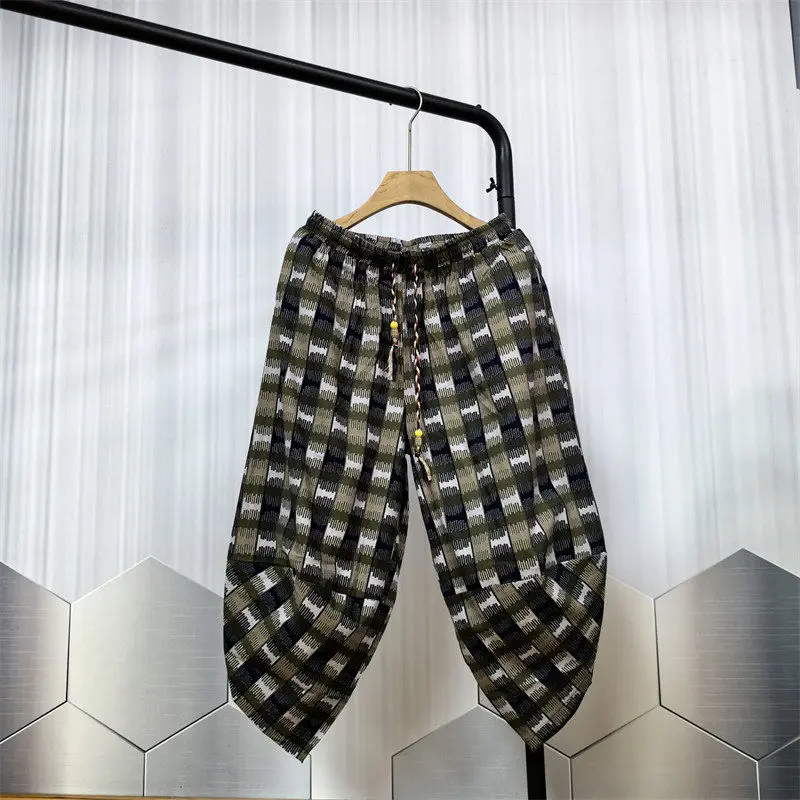 2024 Summer Men's Patchwork High Waited Elasticized Printed Pocket Drawstring Fashion Loose Comfortable Versatile Lantern Pants