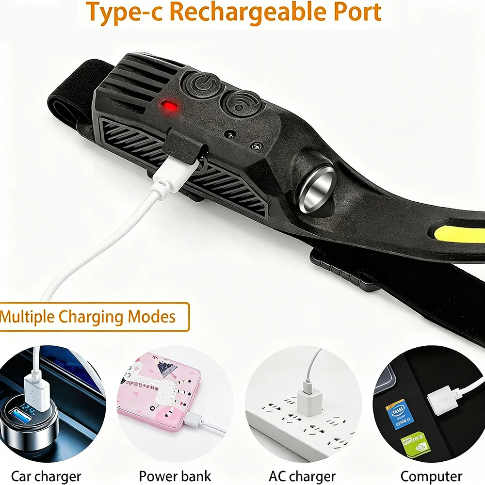 USB 충전식 LED 헤드램프 모션 센서 COB 헤드 토치 방수 야외 캠핑 낚시 작업등