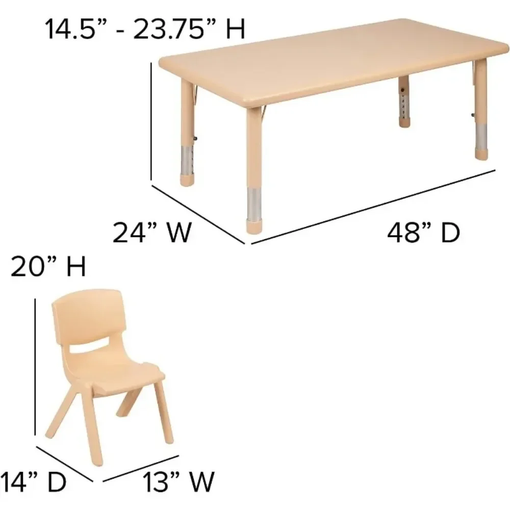 Adjustable Classroom Activity Table with 6 Stackable Chairs, Rectangular Plastic Activity Table for Kids, 24" W x 48" L, Natural 4