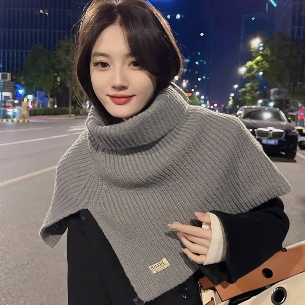 

Winter Knitted Pullover Scarf Turtleneck Slit Solid Thick Neck Scarves False Collar Yarn Neckerchief Woolen Neck Cover Shawl