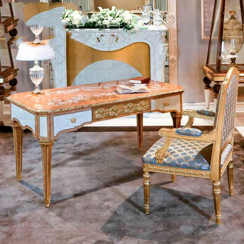 

European solid wood carved shells, collage, computer desk, luxury bookcase, desk, villa, study furniture customization