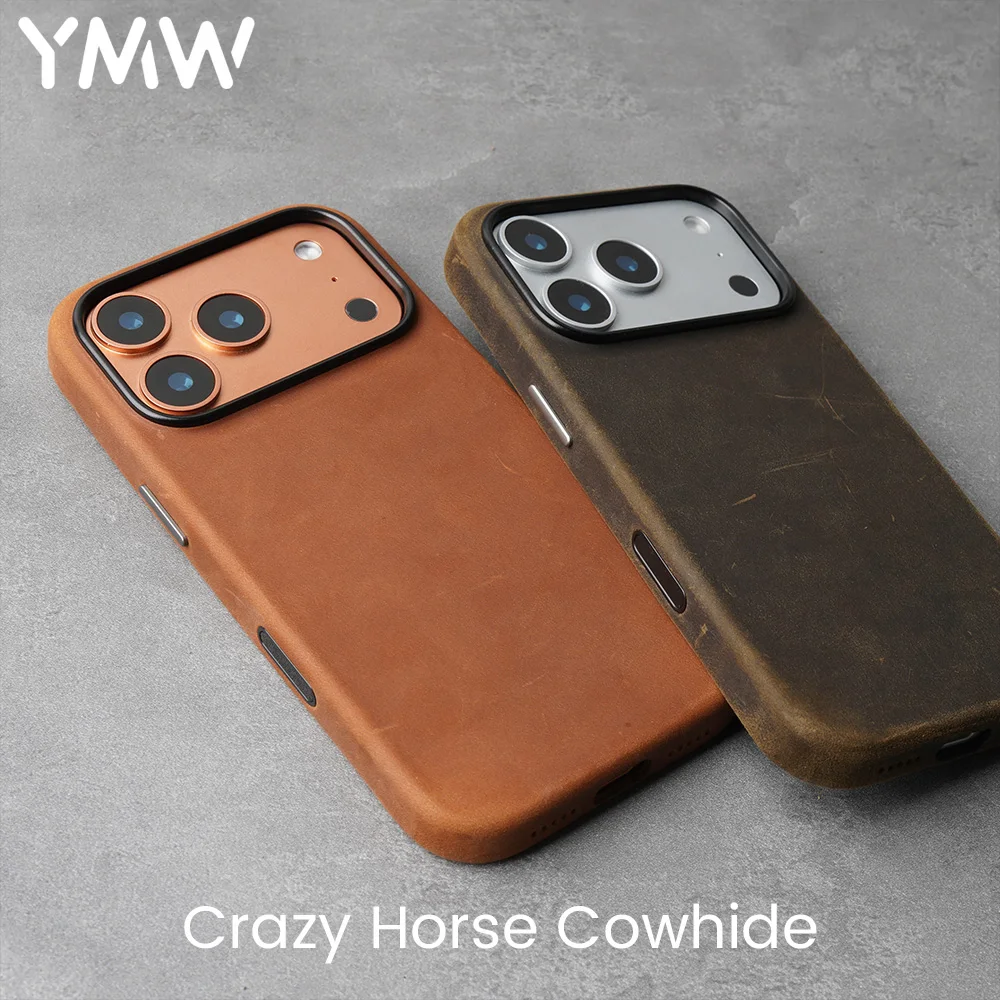 YMW Scratc Crazy Horse Genuine Leather Case for iPhone 17 16 15 Pro Max Magnetic PULL-UP Cowhide Phone Cover