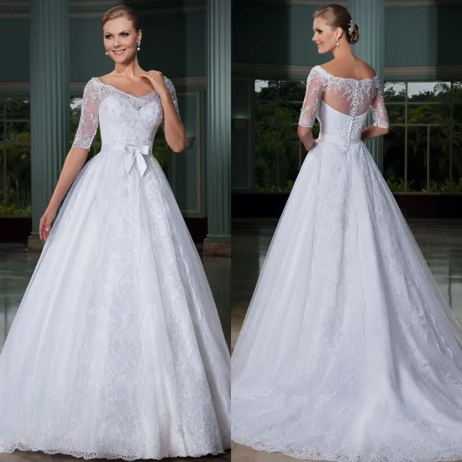 

Vestido de noiva 2018 ball gown sleeves sequined tulle skirt romantic plus size vestido de casamento mother of the bride dresses