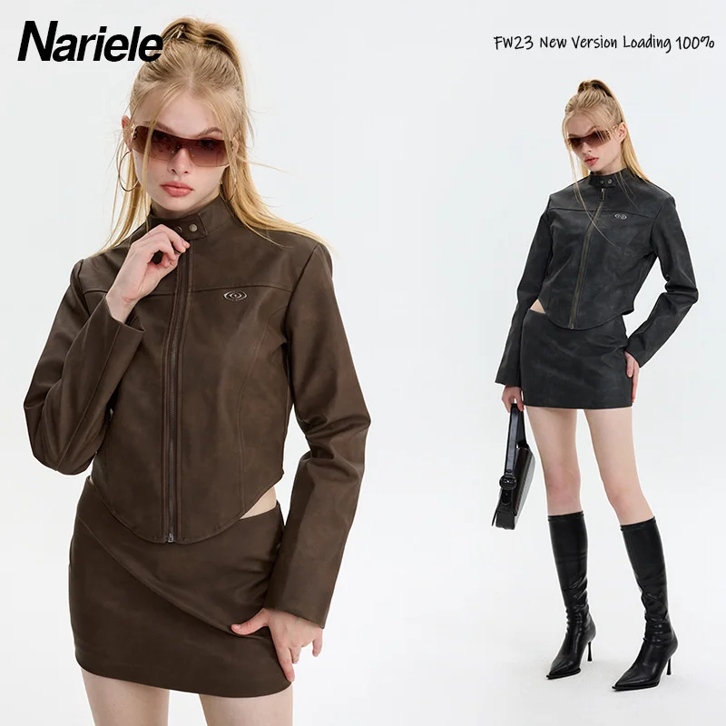 2 Peice Set Slim Fit Stand Neck Motorcycle Style Leather Short Coat Jacket Women's American Wrap Hip Short Skirt Spicy Girl