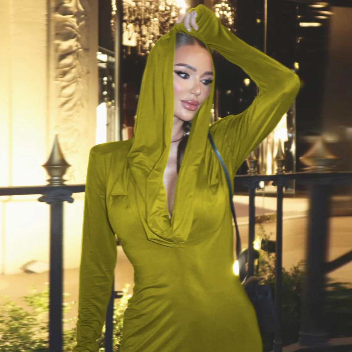 Elegant Deep V Hooded Long Sleeve Solid Bodycon Eveing Dress Mini Wholesale Prom Ladies Dress Autumn Fashion Casual Dress