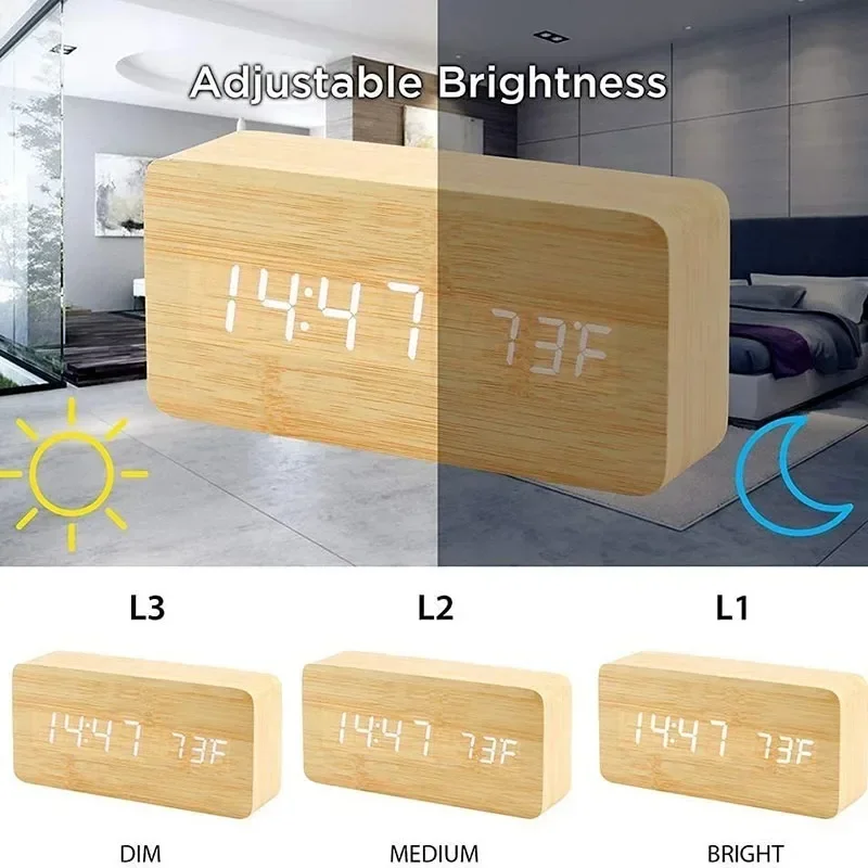 Digital LED Wooden Alarm Clock With Temperature Voice Control Snooze Electronic Desk Clock USB AAA Power Supply Decorations Home 5