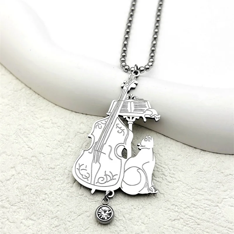 Cello Strass Hexerei Katze Auto Anhänger Hängen für Frauen Männer Edelstahl Silber Farbe Halloween Kitty Schlüsselanhänger Schmuck – Detail 4
