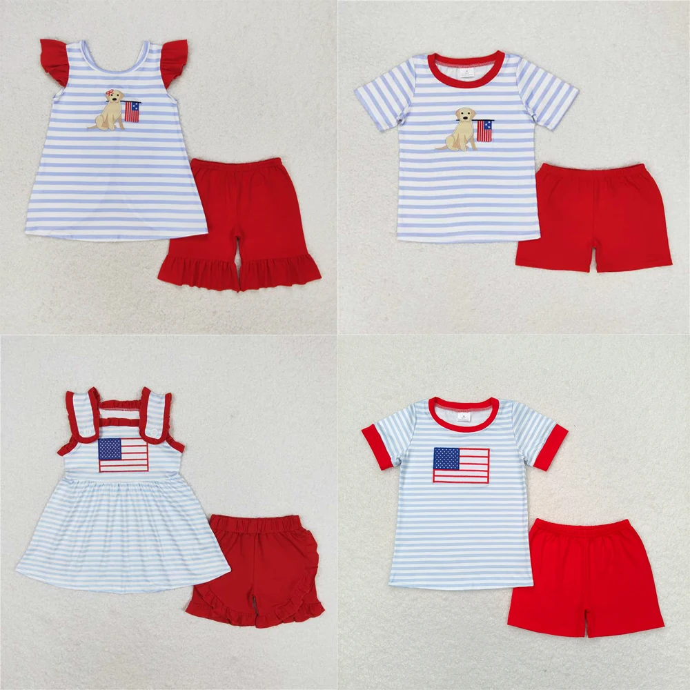 

wholesale 4th of July summer baby girls and boys clothes Embroidered puppy flag striped red bow flying sleeve shorts outfits