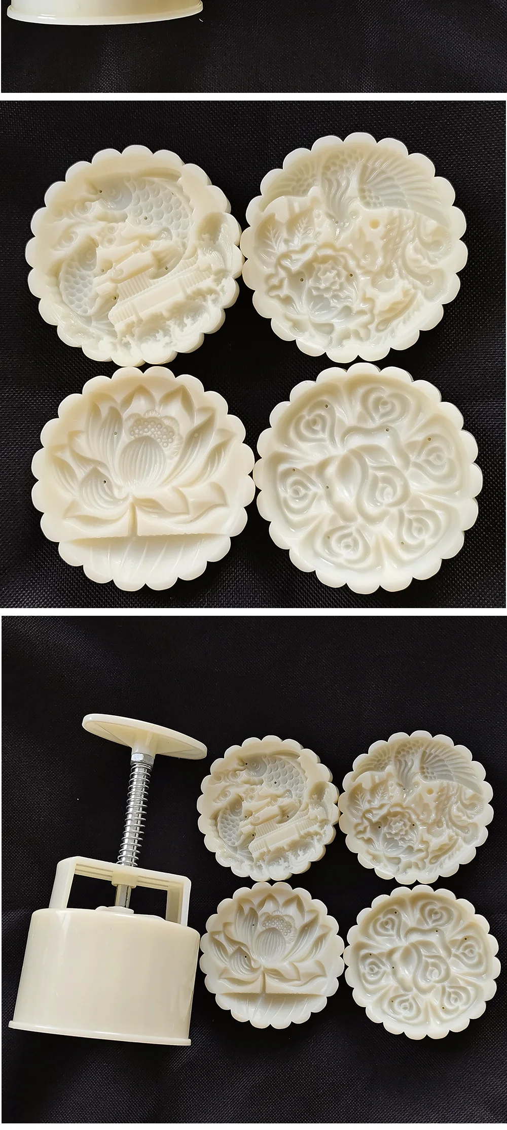 Description Picture 6 of item4Pcs/Set 200g Chinese Traditional Big Gram Moon Cake Mold Love Lotus Fish Dragon Dessert Pastry Stamp Hand Press Plunger Bakewar