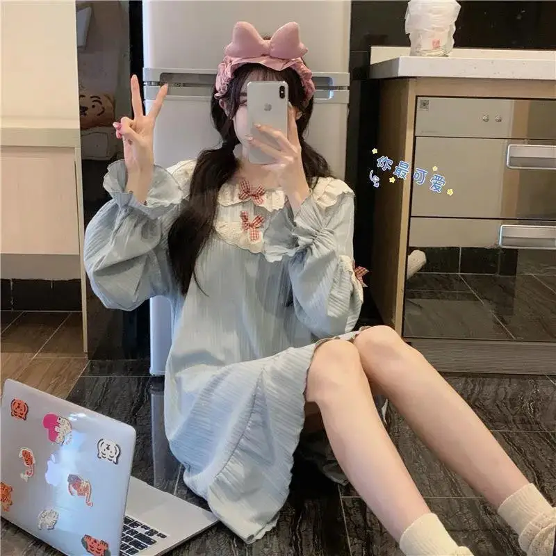 Fashionable nightgown women with bow spring autumn Korean style new loose student cute sweet style long-sleeved long skirt home