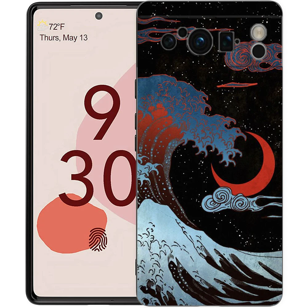 Stylish Black TPU Soft Back Phone Cover Featuring The Great Wave of Kanagawa Design