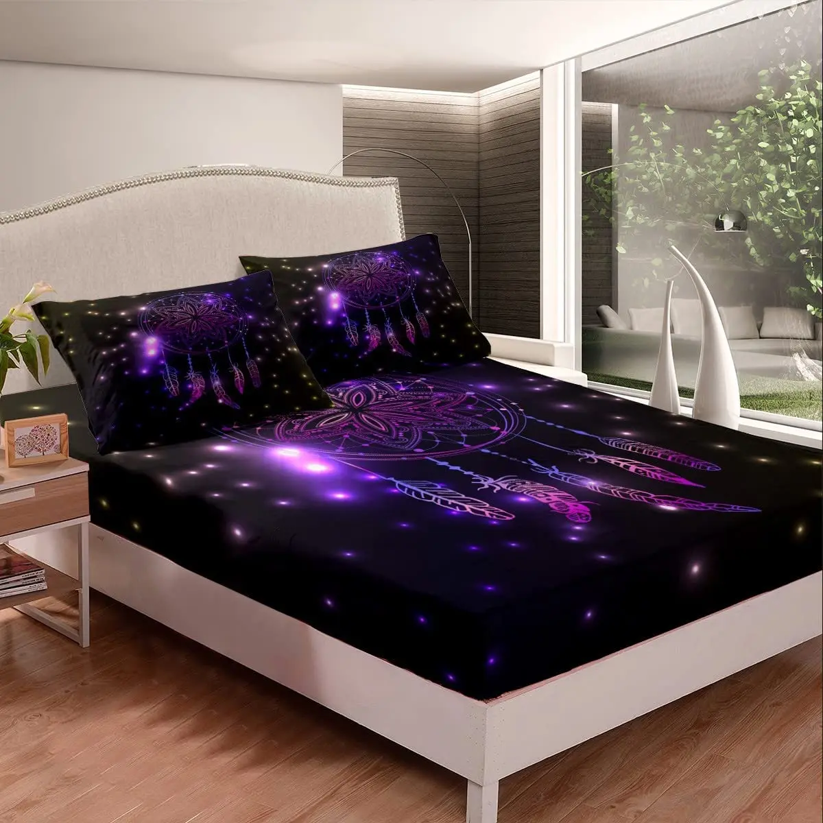 Dreamcatcher Fitted Sheet Boho Mandala Bedding Set with 2 Pillowcases Purple Dream Catcher  Bed Sheet Set Bedding Elastic Pocket 6