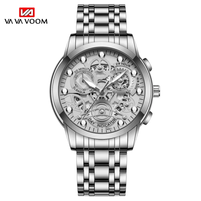 Men's Business Watch Skeleton Design Fashion Mechanical Style Stainless Steel Quartz Movement Calendar Waterproof Men WristWatch 2451YY